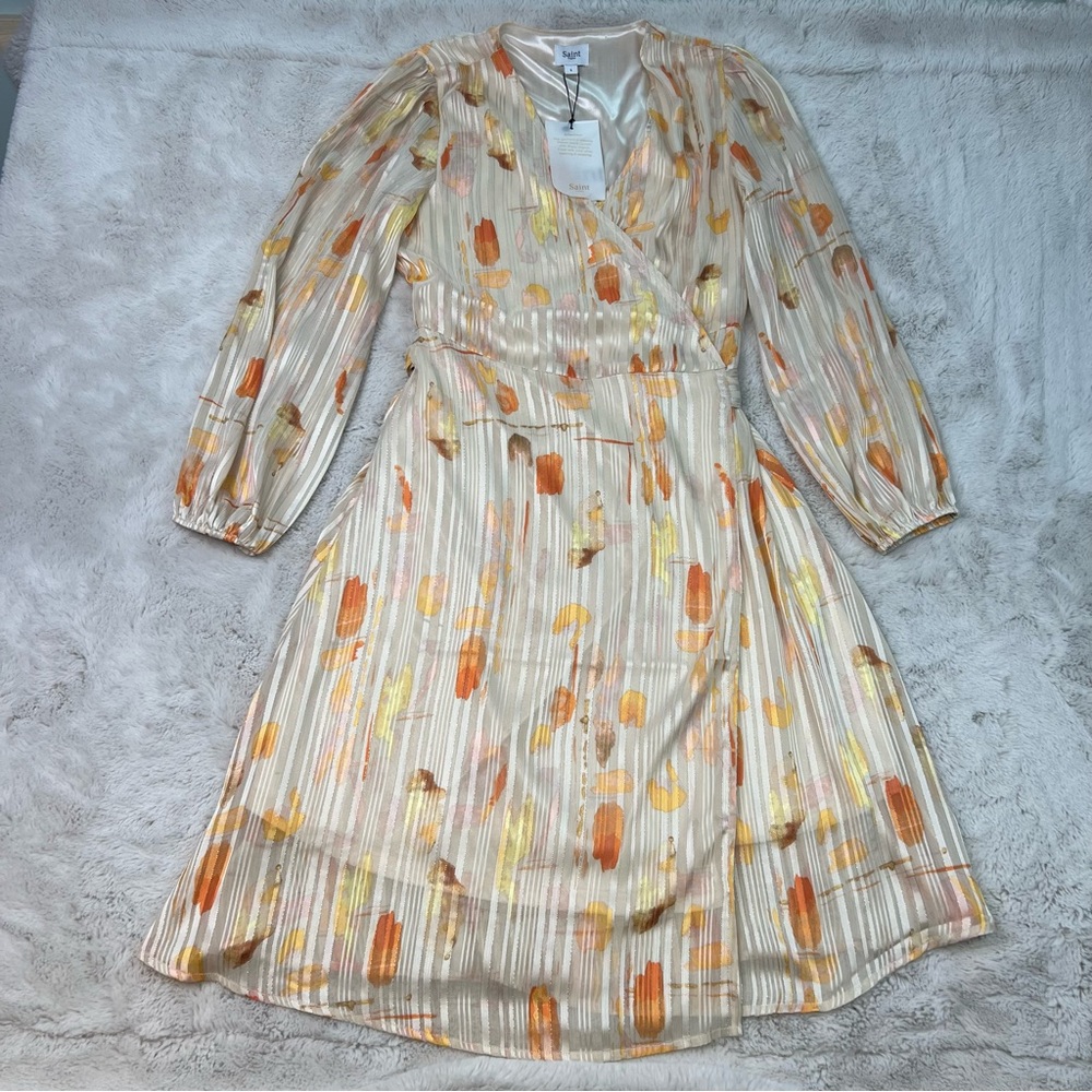Saint Tropez Elegant Orange Gold Patterned Wrap Dress Size Small New with Tag - Picture 4 of 14